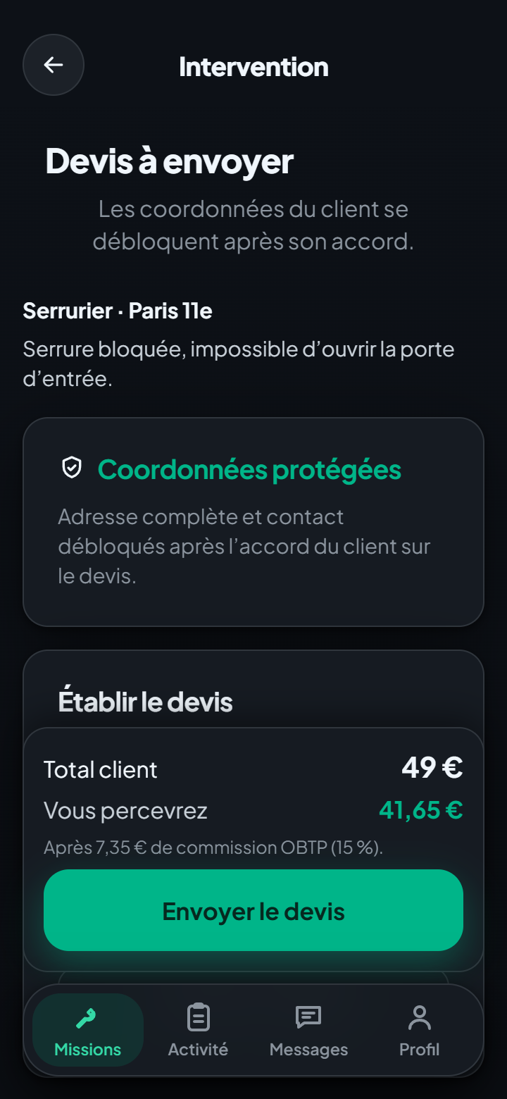 L'écran de devis dans l'application OBTP : total client, part nette de l'artisan, et la commission de 15 % détaillée.