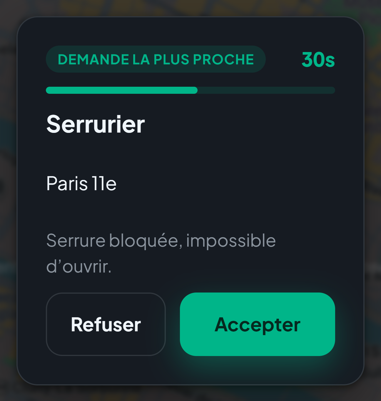 L'offre reçue dans l'application OBTP : « Demande la plus proche », compte à rebours de trente secondes, métier et secteur, boutons Refuser et Accepter.
