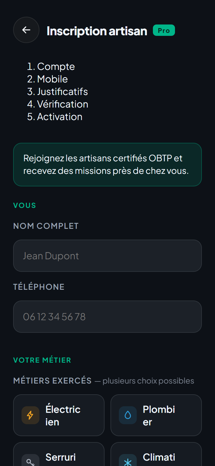 L'inscription artisan dans l'application OBTP : le fil des étapes Compte, Mobile, Justificatifs, Vérification, Activation.
